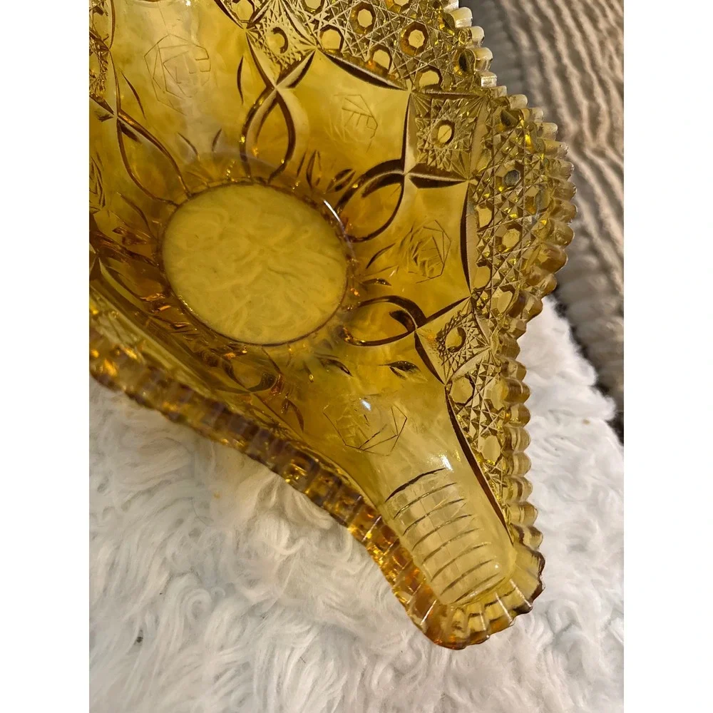 Vintage Amber Pressed Glass Banana Boat Bowl Rose Diamond Point Sawtooth Rim